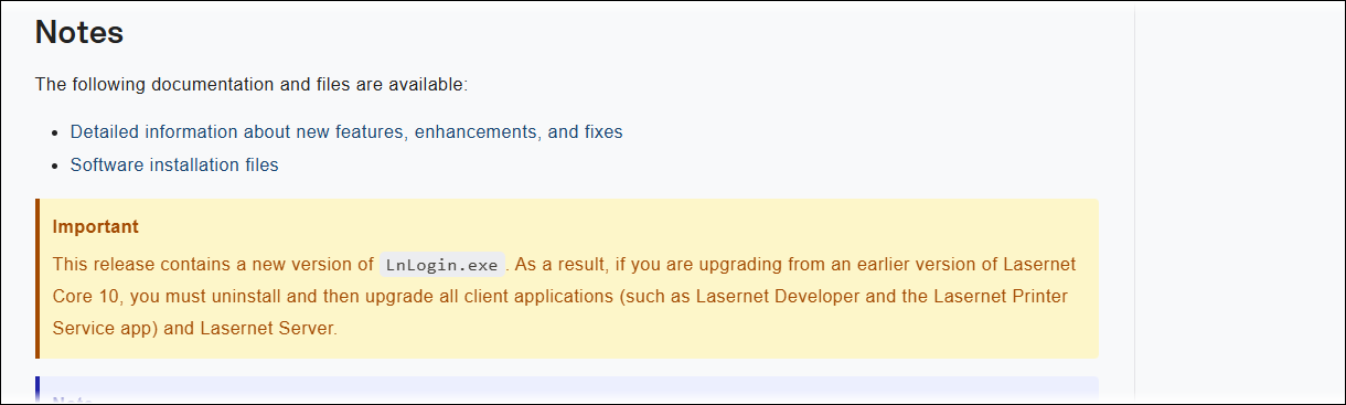 Information box in a Lasernet Core release notes document that describes that the release contains a new version of LnLogin.exe.